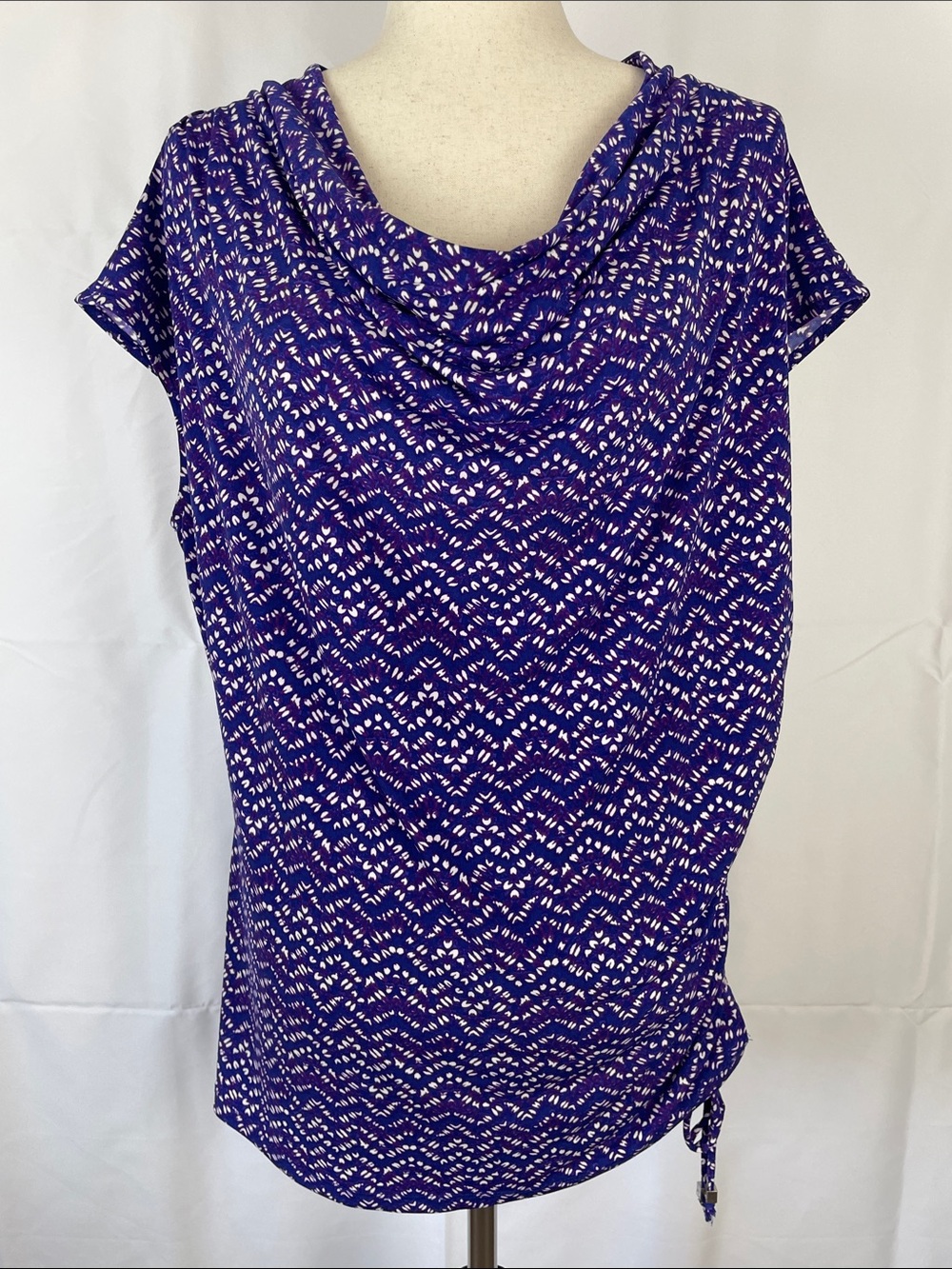 Michael Kors Purple & White Cap Sleeve Cowl Neck Blouse with Side Tie - Size XL